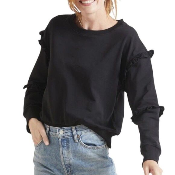 Evereve Sweaters - Evereve Womens Sonia Ruffle Sweatshirt Top Black Crew neck Cotton Blend Sz Large